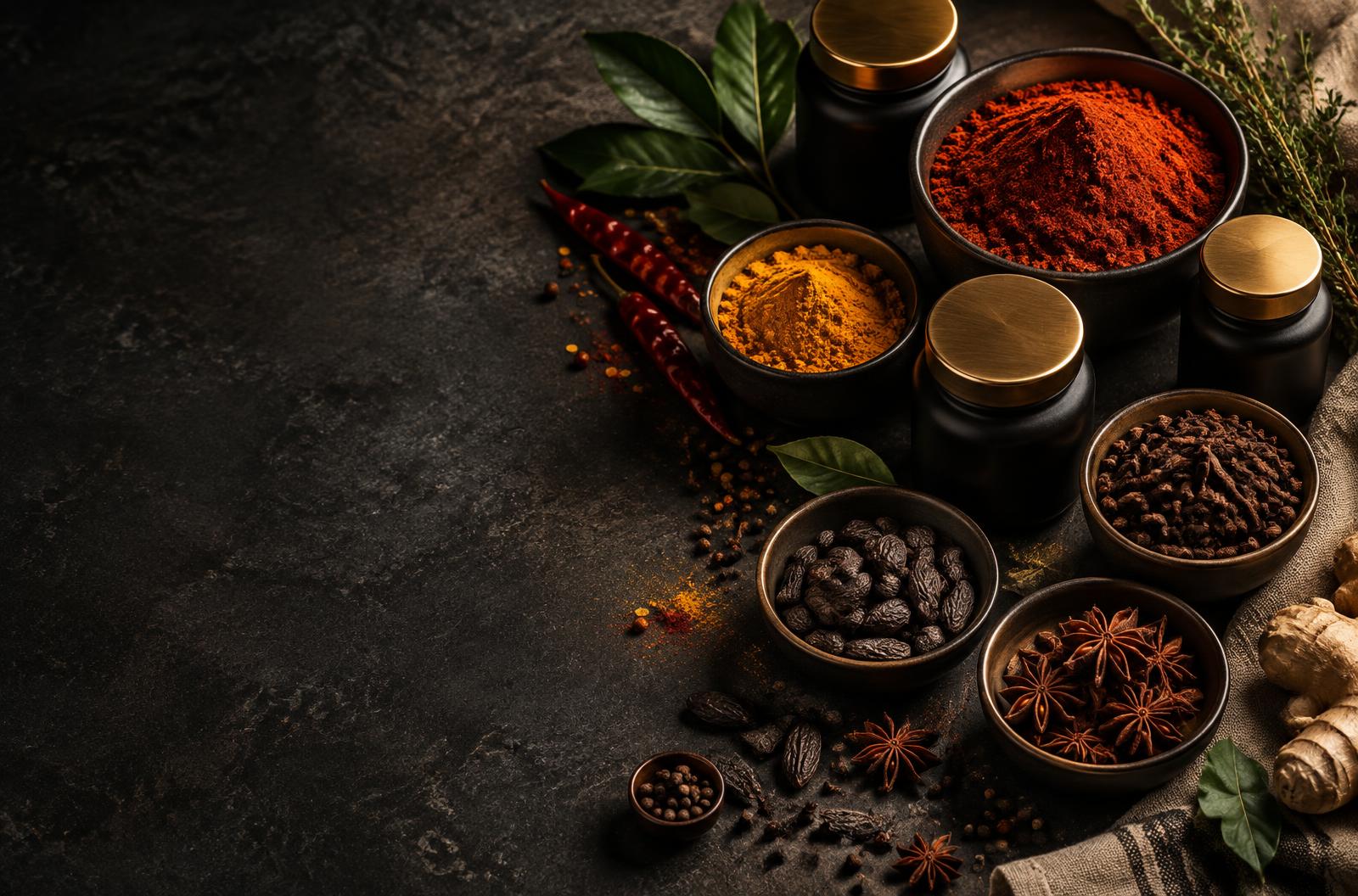 Spice bowls and elegant jars arranged on a dark table
